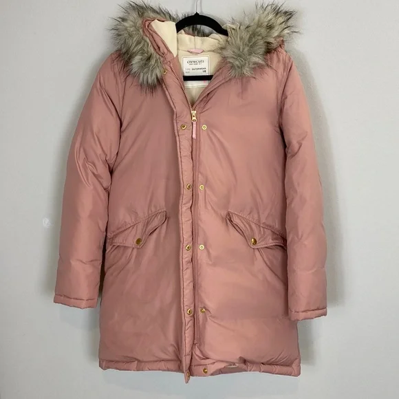 J. Crew Crewcuts Dusty Pink down puffer parka jacket fur hood trim - Picture 1 of 14